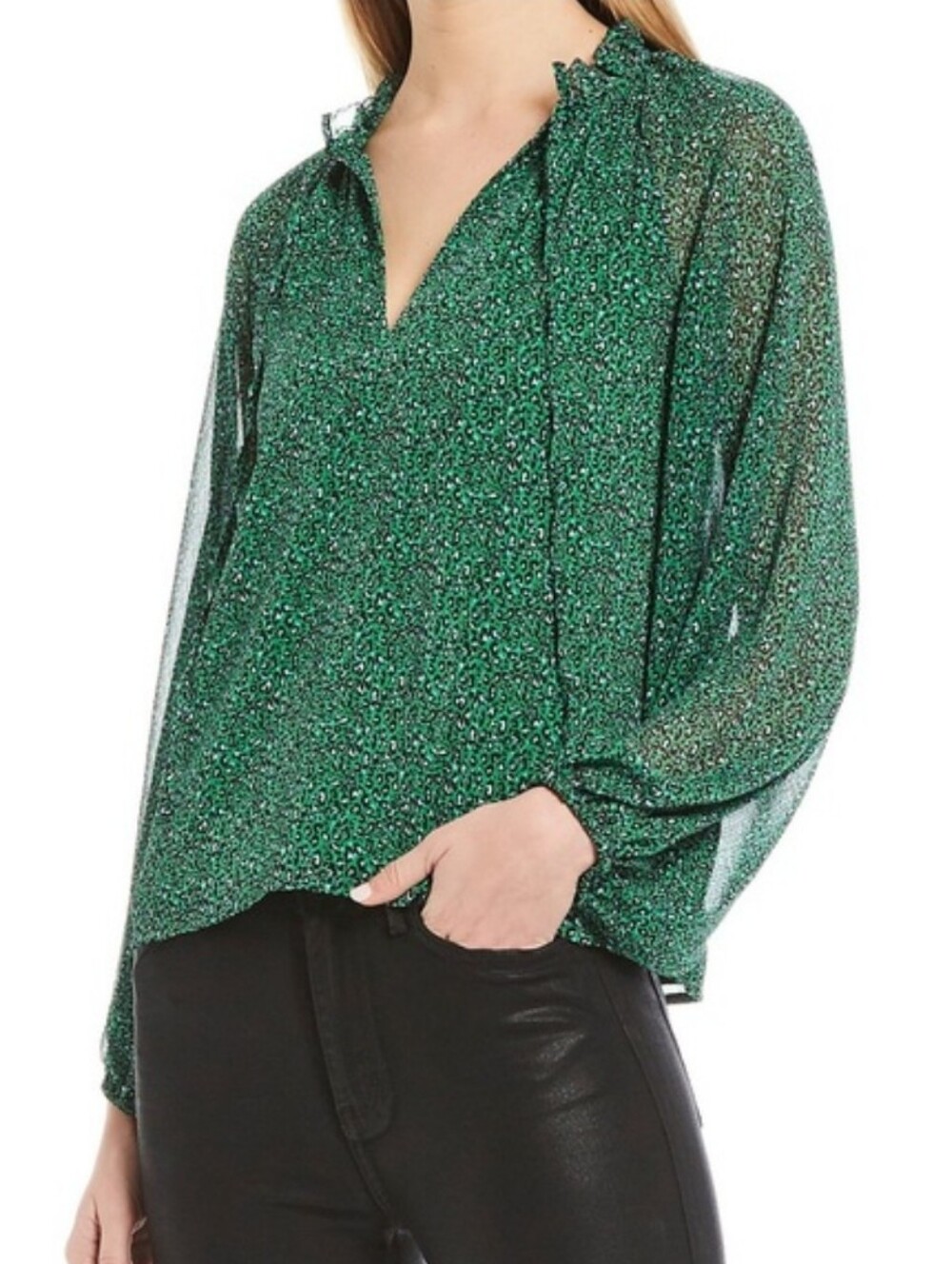 Sanctuary 'Live it Up' Kelly Green Leopard Print Blouse Size L